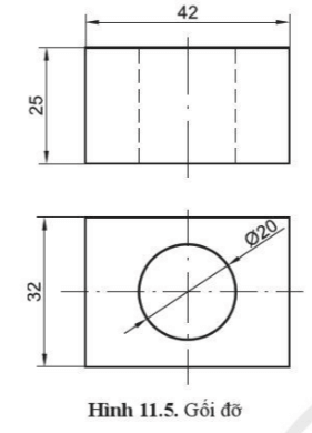 Vẽ hình chiếu trục đo vuông góc đều của gối đỡ (hình 11.5) theo tỉ lệ 2:1