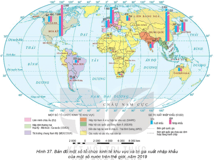 Đọc bản đồ hình 37, cho biết tên một số tổ chức kinh tế khu vực