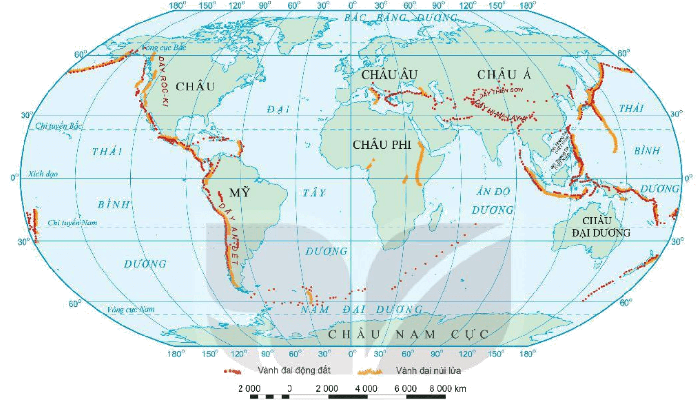 Dựa vào hình 8 hãy Xác định các vành đai động đất, vành đai núi lửa trên thế giới