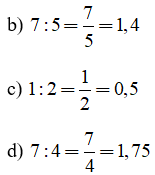 Viết kết quả phép chia dưới dạng phân số và số thập phân (theo mẫu) trang 16 Toán lớp 5