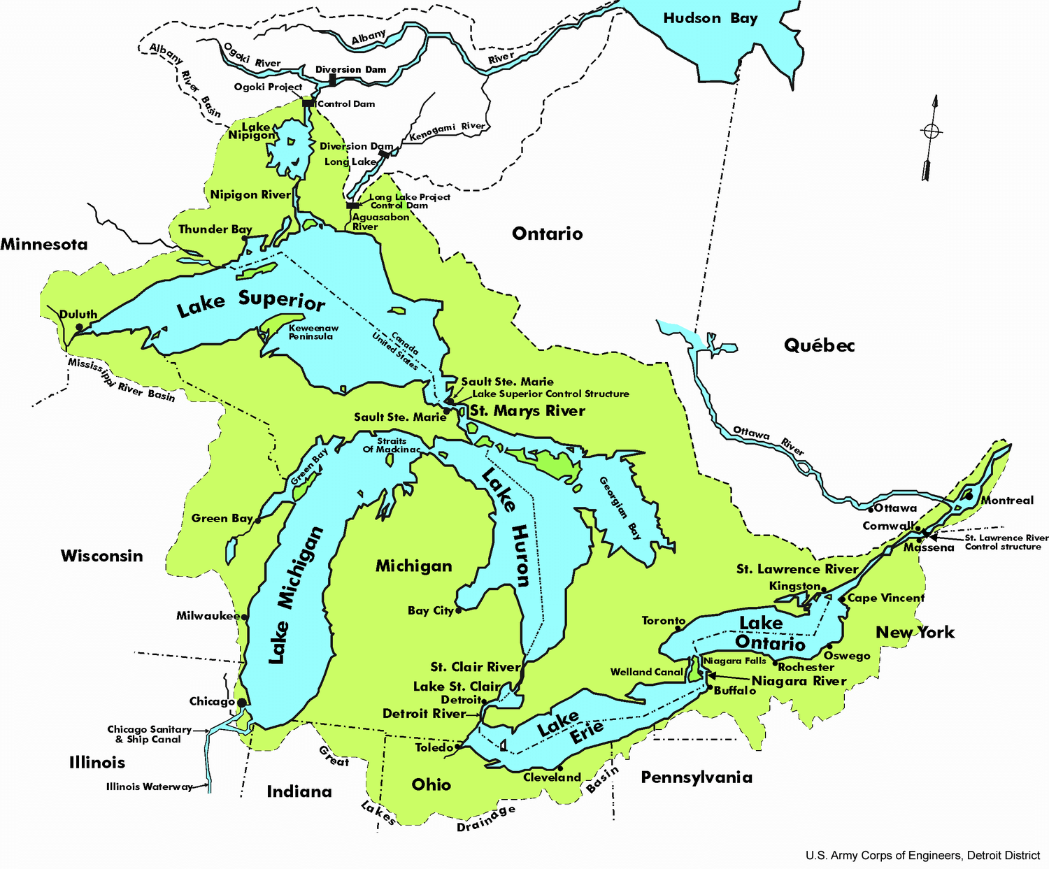 Xác định trên bản đồ tự nhiên châu Mỹ vị trí của năm hồ thuộc hệ thống Ngũ Hồ