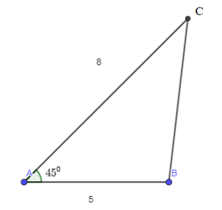 Cho tam giác ABC, có AB = 5, AC = 8 và góc A = 45 độ