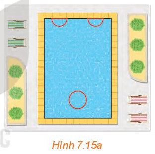 Bên trong một hồ bơi, người ta dự định thiết kế hai bể sục nửa hình tròn bằng nhau và một bể sục hình tròn (H.7.15a)