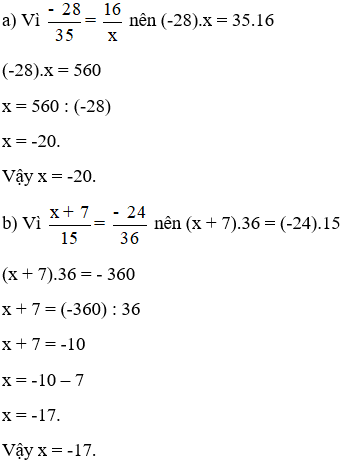 Tìm số nguyên x, biết: a) -28/35 = 16/x
