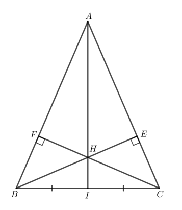 Cho tam giác ABC cân tại A (góc A < 90 độ ). Hai đường cao BE và CF cắt nhau tại H.