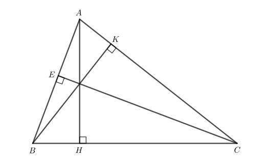 Vẽ ba đường cao AH, BK, CE của tam giác nhọn ABC.