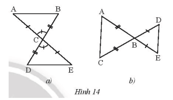 Hai tam giác trong mỗi hình bên (Hình 14a, b) có bằng nhau không? 