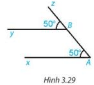 Cho Hình 3.29, biết góc xAz=50 độ, góc yBz=50 độ. Giải thích vì sao Ax // By