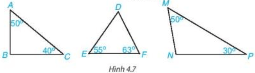 Trong các tam giác (H.4.7), tam giác nào là tam giác nhọn, tam giác vuông