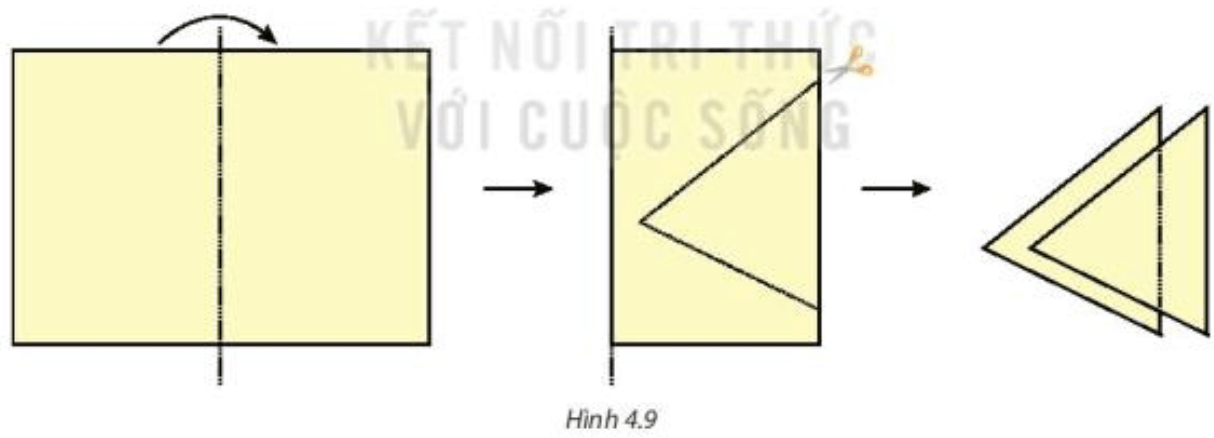 Gấp đôi một tờ giấy rồi cắt như Hình 4.9. Phần được cắt ra là hai tam giác