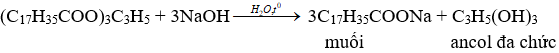 Tristearin + NaOH | (C17H35COO)3C3H5 + 3NaOH → 3C17H35COONa + C3H5(OH)3 | Cân bằng phương trình hóa học.