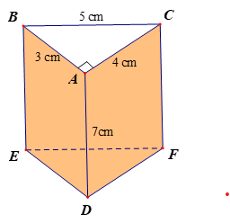 Hình ảnh minh họa một hình lăng trụ đứng có đáy là tam giác vuông với các cạnh đáy 3cm, 4cm, 5cm và chiều cao lăng trụ là 7cm, giúp tính diện tích xung quanh.