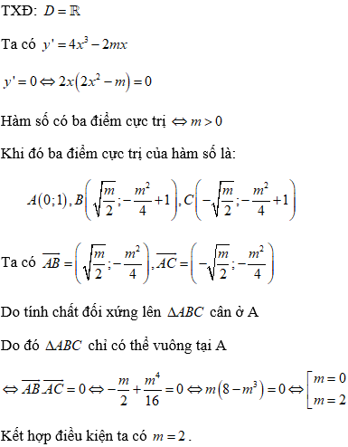 Tìm m để hàm số có 3 điểm cực trị tạo thành tam giác vuông (cực hay, có lời giải)