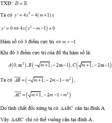 Tìm m để hàm số có 3 điểm cực trị tạo thành tam giác vuông (cực hay, có lời giải)