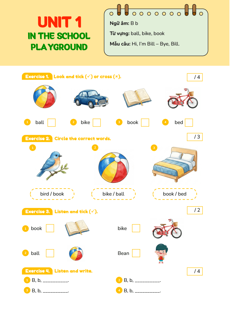 Bài tập cuối tuần Tiếng Anh lớp 1 Global Success (có đáp án) | Đề kiểm tra cuối tuần Tiếng Anh lớp 1