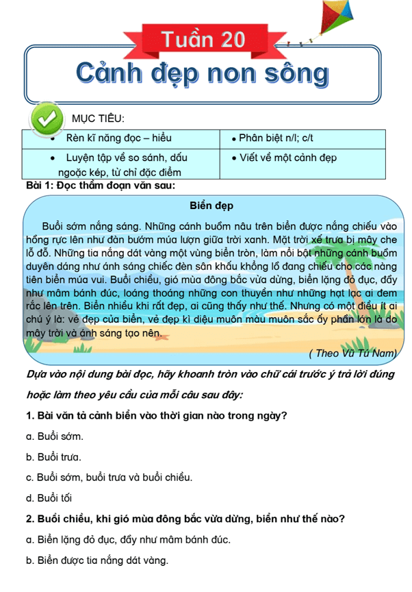 Bài tập cuối tuần Tiếng Việt lớp 3 Tuần 20 Cánh diều (có đáp án) | Đề kiểm tra cuối tuần Tiếng Việt lớp 3