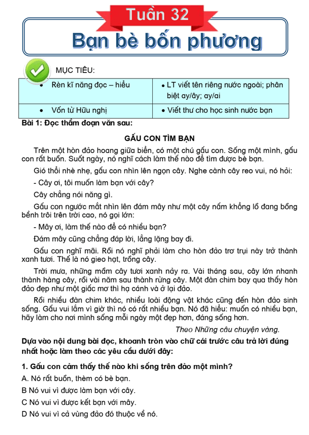 Bài tập cuối tuần Tiếng Việt lớp 3 Tuần 32 Cánh diều (có đáp án) | Đề kiểm tra cuối tuần Tiếng Việt lớp 3