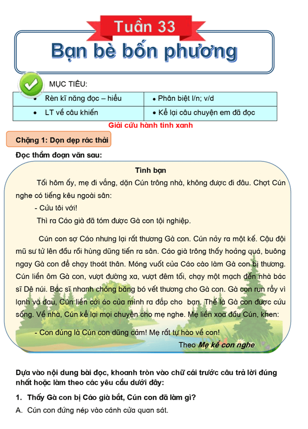 Bài tập cuối tuần Tiếng Việt lớp 3 Tuần 33 Cánh diều (có đáp án) | Đề kiểm tra cuối tuần Tiếng Việt lớp 3