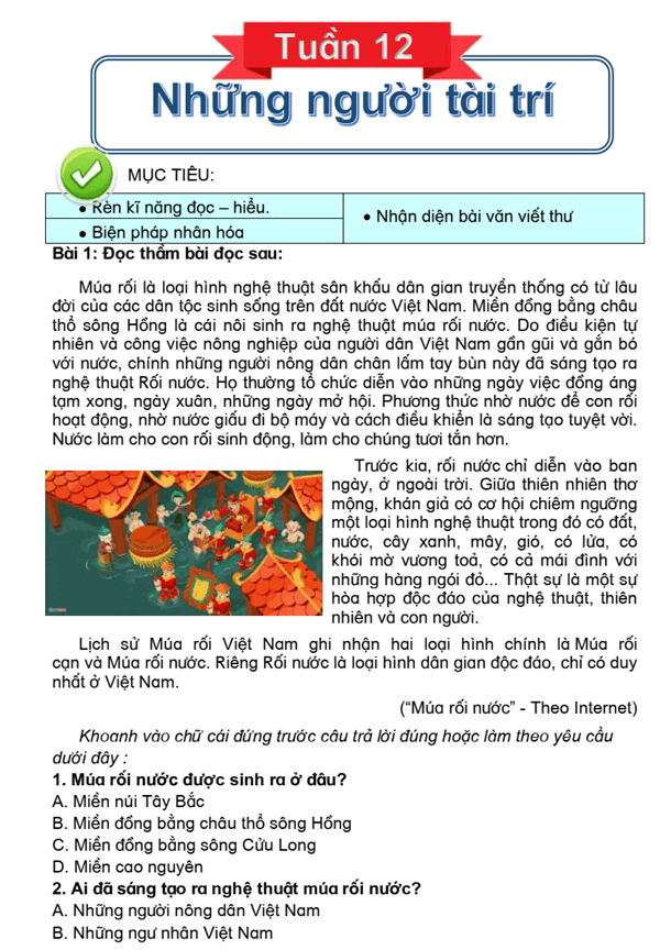 Bài tập cuối tuần Tiếng Việt lớp 4 Tuần 12 Chân trời sáng tạo (có đáp án) | Đề kiểm tra cuối tuần Tiếng Việt lớp 4