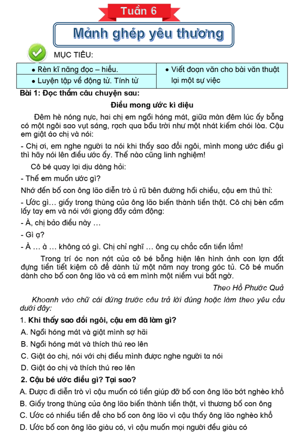 Bài tập cuối tuần Tiếng Việt lớp 4 Tuần 6 Chân trời sáng tạo (có đáp án) | Đề kiểm tra cuối tuần Tiếng Việt lớp 4