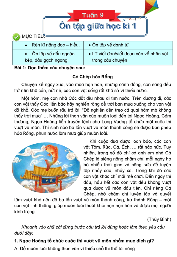 Bài tập cuối tuần Tiếng Việt lớp 4 Tuần 9 Cánh diều (có đáp án) | Đề kiểm tra cuối tuần Tiếng Việt lớp 4