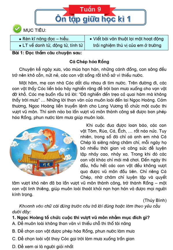 Bài tập cuối tuần Tiếng Việt lớp 4 Tuần 9 Chân trời sáng tạo (có đáp án) | Đề kiểm tra cuối tuần Tiếng Việt lớp 4