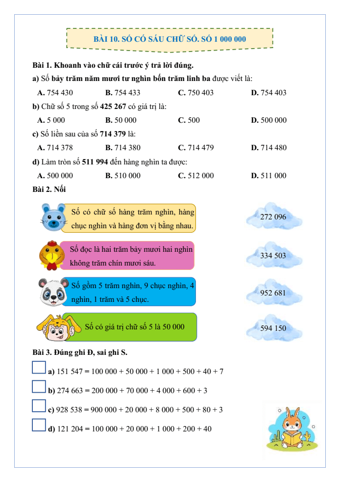 Bài tập hàng ngày Toán lớp 4 Bài 10: Số có sáu chữ số. Số 1 000 000 | Kết nối tri thức