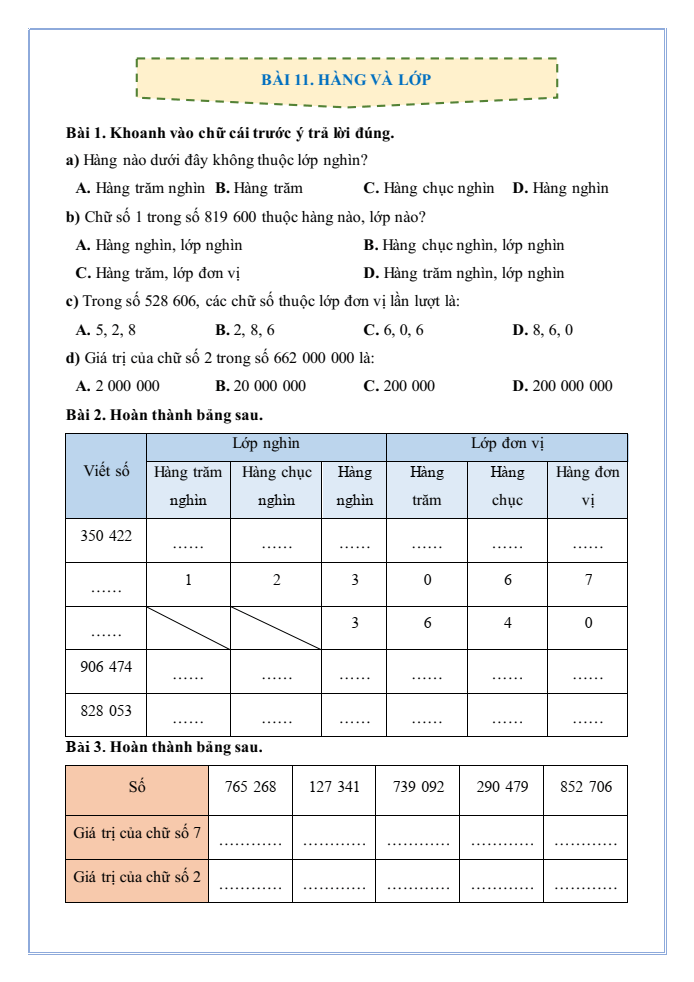 Bài tập hàng ngày Toán lớp 4 Bài 11: Hàng và lớp | Kết nối tri thức