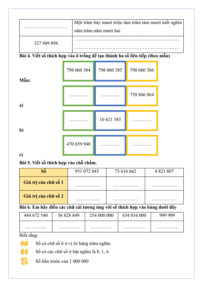 Bài tập hàng ngày Toán lớp 4 Bài 12: Các số trong phạm vi lớp triệu | Kết nối tri thức