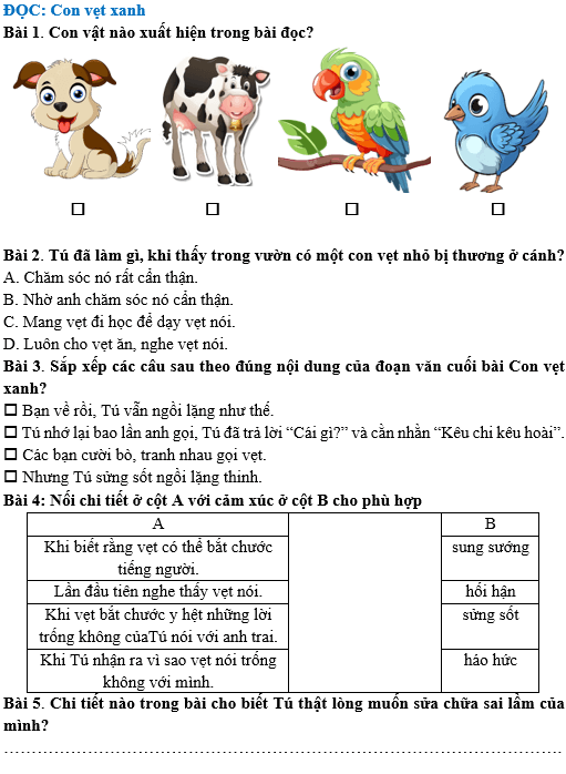 Bài tập hàng ngày Tiếng Việt lớp 4 Bài 13: Con vẹt xanh | Kết nối tri thức