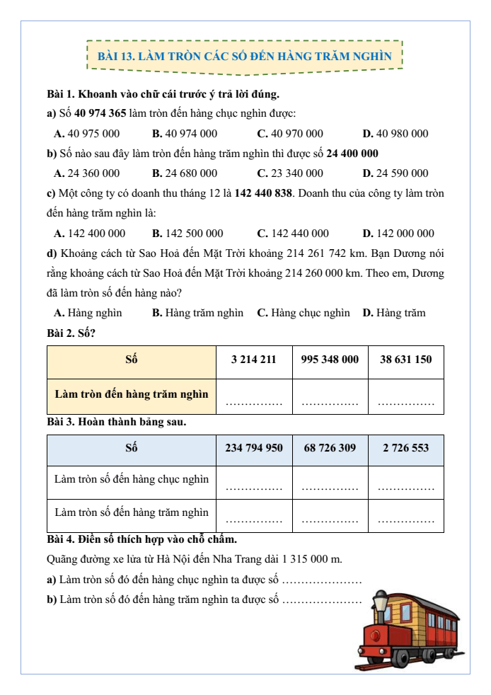 Bài tập hàng ngày Toán lớp 4 Bài 13: Làm tròn số đến hàng trăm nghìn | Kết nối tri thức