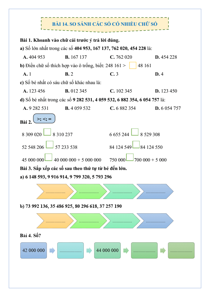 Bài tập hàng ngày Toán lớp 4 Bài 14: So sánh các số có nhiều chữ số | Kết nối tri thức