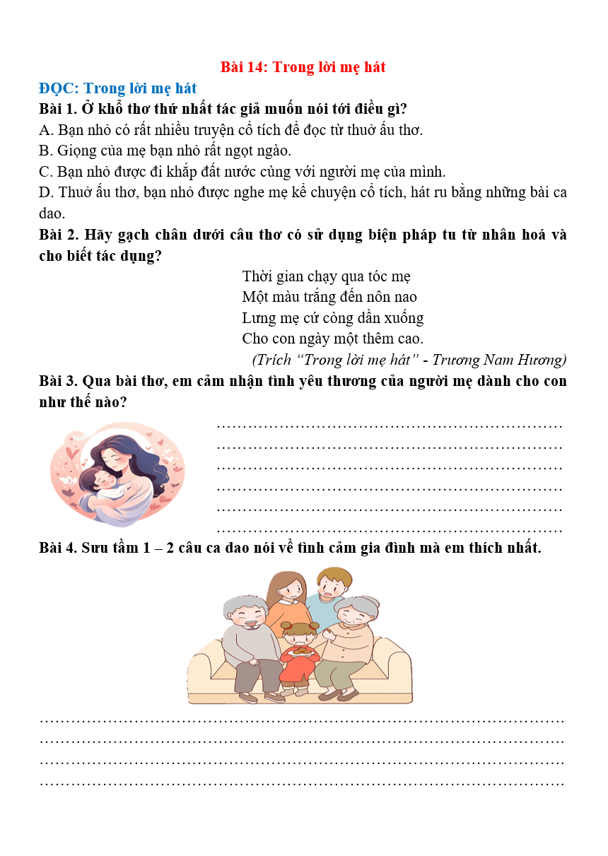 Bài tập hàng ngày Tiếng Việt lớp 4 Bài 14: Trong lời mẹ hát | Kết nối tri thức