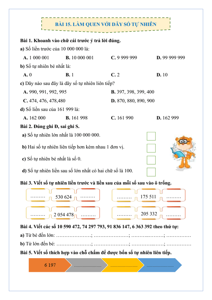 Bài tập hàng ngày Toán lớp 4 Bài 15: Làm quen với dãy số tự nhiên | Kết nối tri thức
