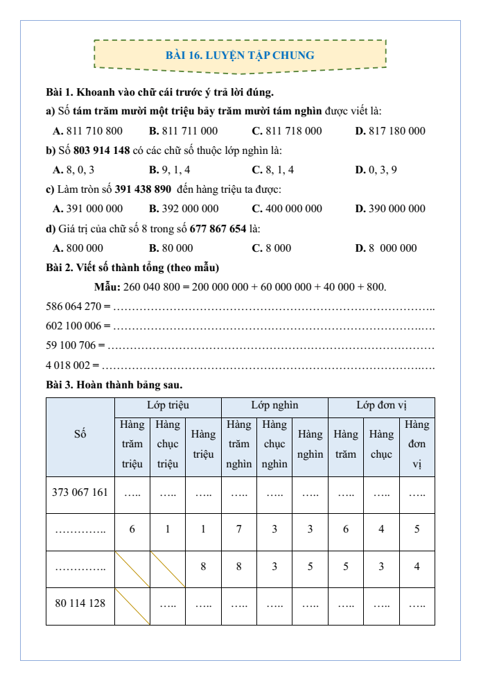 Bài tập hàng ngày Toán lớp 4 Bài 16: Luyện tập chung | Kết nối tri thức