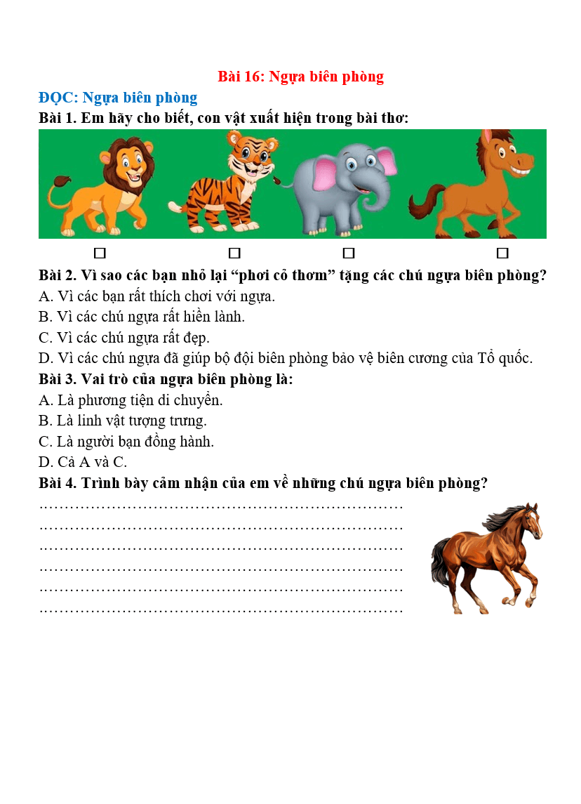 Bài tập hàng ngày Tiếng Việt lớp 4 Bài 16: Ngựa biên phòng | Kết nối tri thức
