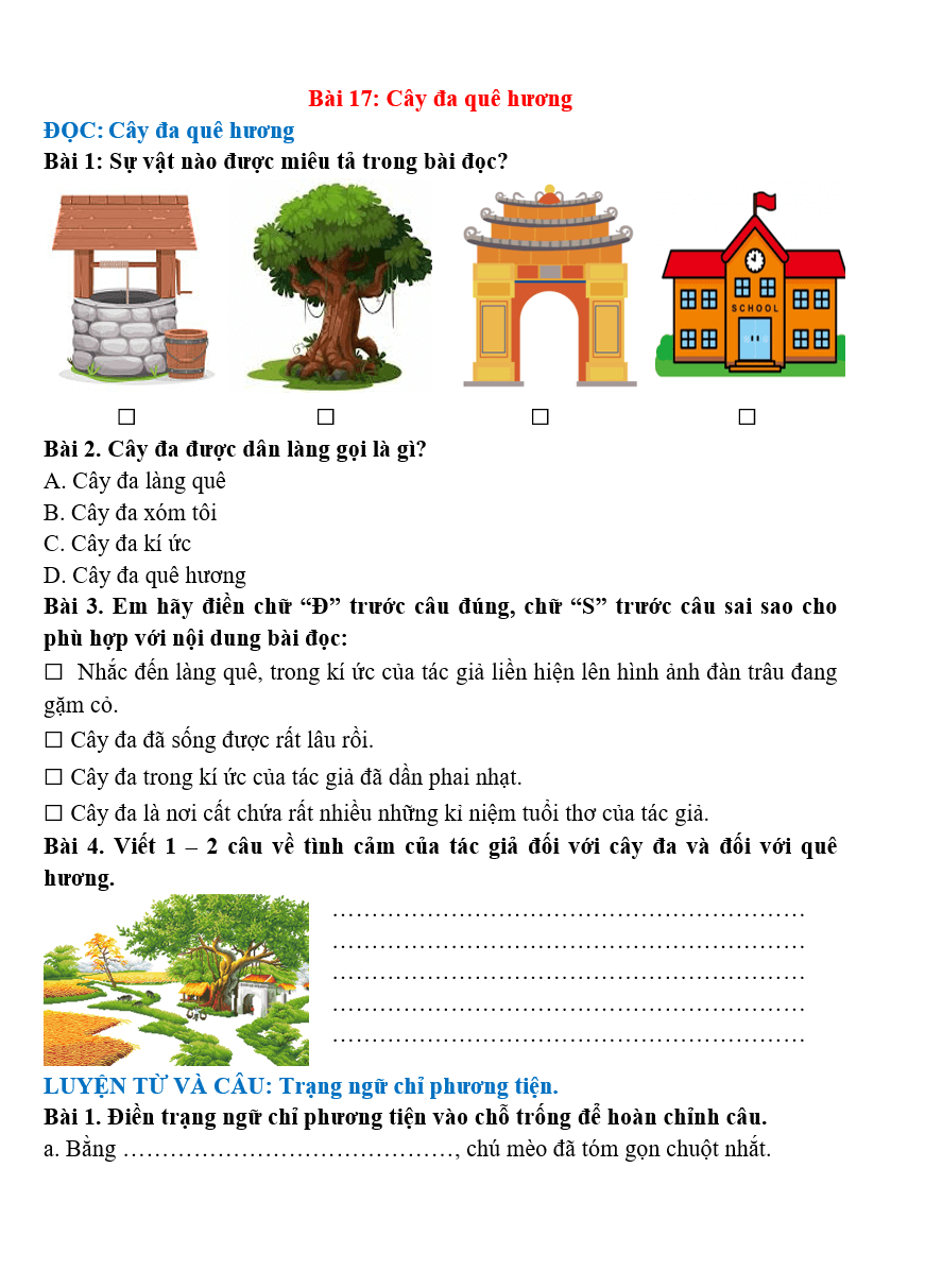 Bài tập hàng ngày Tiếng Việt lớp 4 Bài 17: Cây đa quê hương | Kết nối tri thức