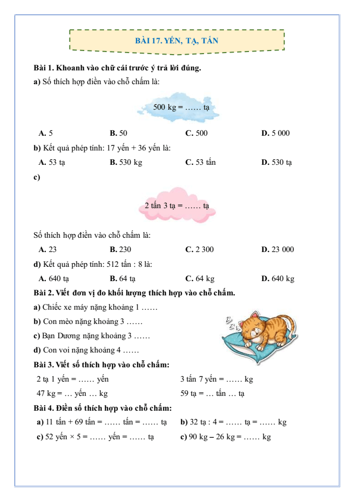 Bài tập hàng ngày Toán lớp 4 Bài 17: Yến, tạ, tấn | Kết nối tri thức