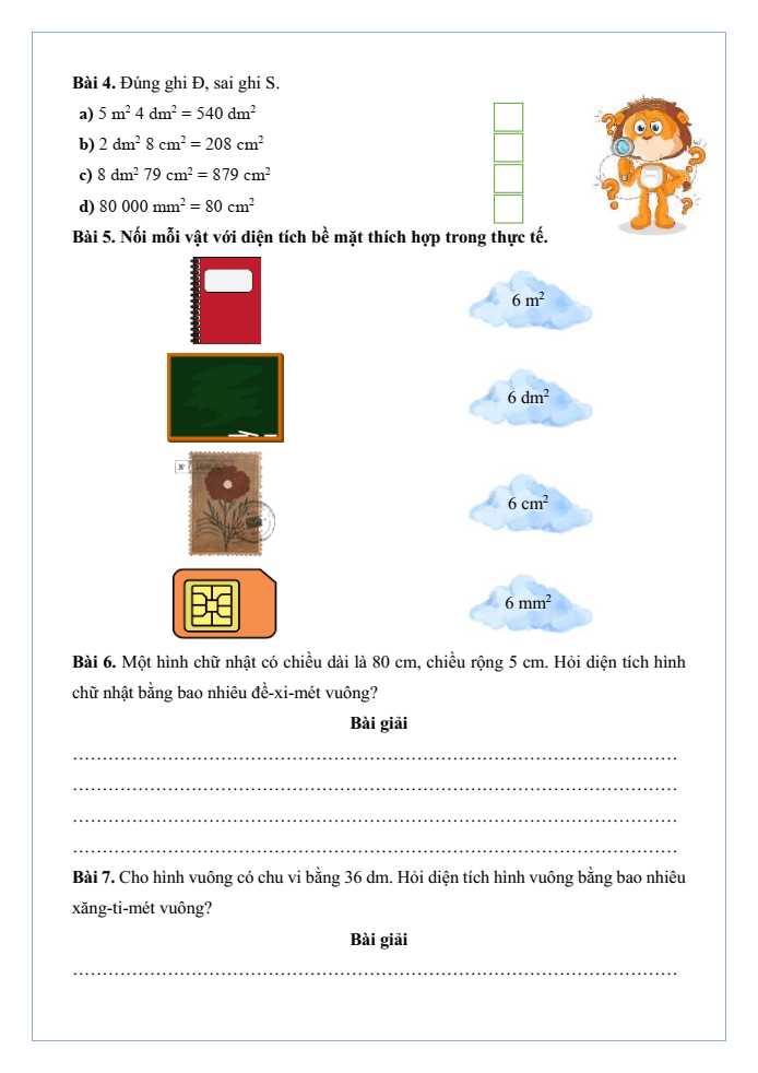 Bài tập hàng ngày Toán lớp 4 Bài 18: Đề-xi-mét vuông, mét vuông, mi-li-mét vuông | Kết nối tri thức