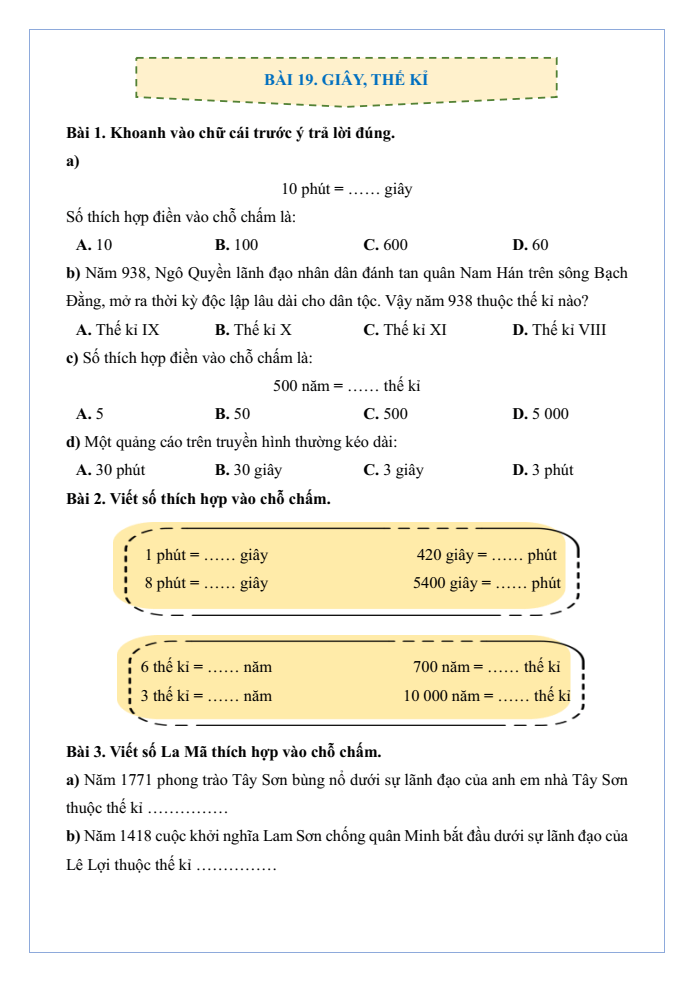 Bài tập hàng ngày Toán lớp 4 Bài 19: Giây, thế kỉ | Kết nối tri thức