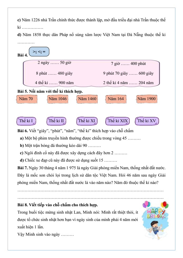 Bài tập hàng ngày Toán lớp 4 Bài 19: Giây, thế kỉ | Kết nối tri thức