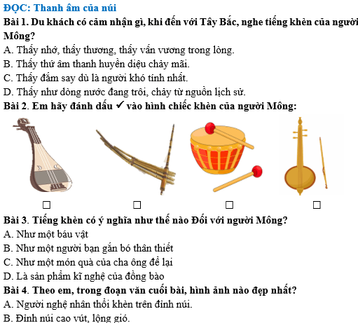 Bài tập hàng ngày Tiếng Việt lớp 4 Bài 19: Thanh âm của núi | Kết nối tri thức