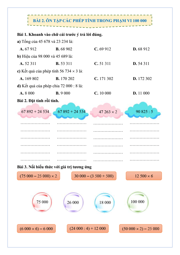 Bài tập hàng ngày Toán lớp 4 Bài 2: Ôn tập các phép tính trong phạm vi 100 000 | Kết nối tri thức