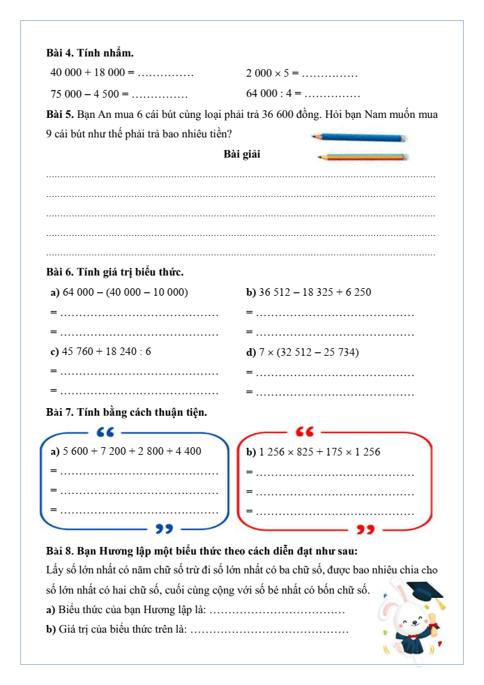 Bài tập hàng ngày Toán lớp 4 Bài 2: Ôn tập các phép tính trong phạm vi 100 000 | Kết nối tri thức