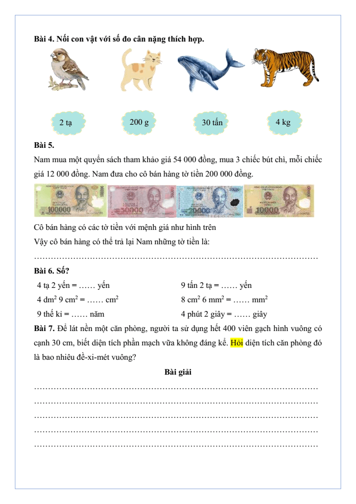 Bài tập hàng ngày Toán lớp 4 Bài 20: Thực hành và trải nghiệm sử dụng một số đơn vị đo đại lượng | Kết nối tri thức