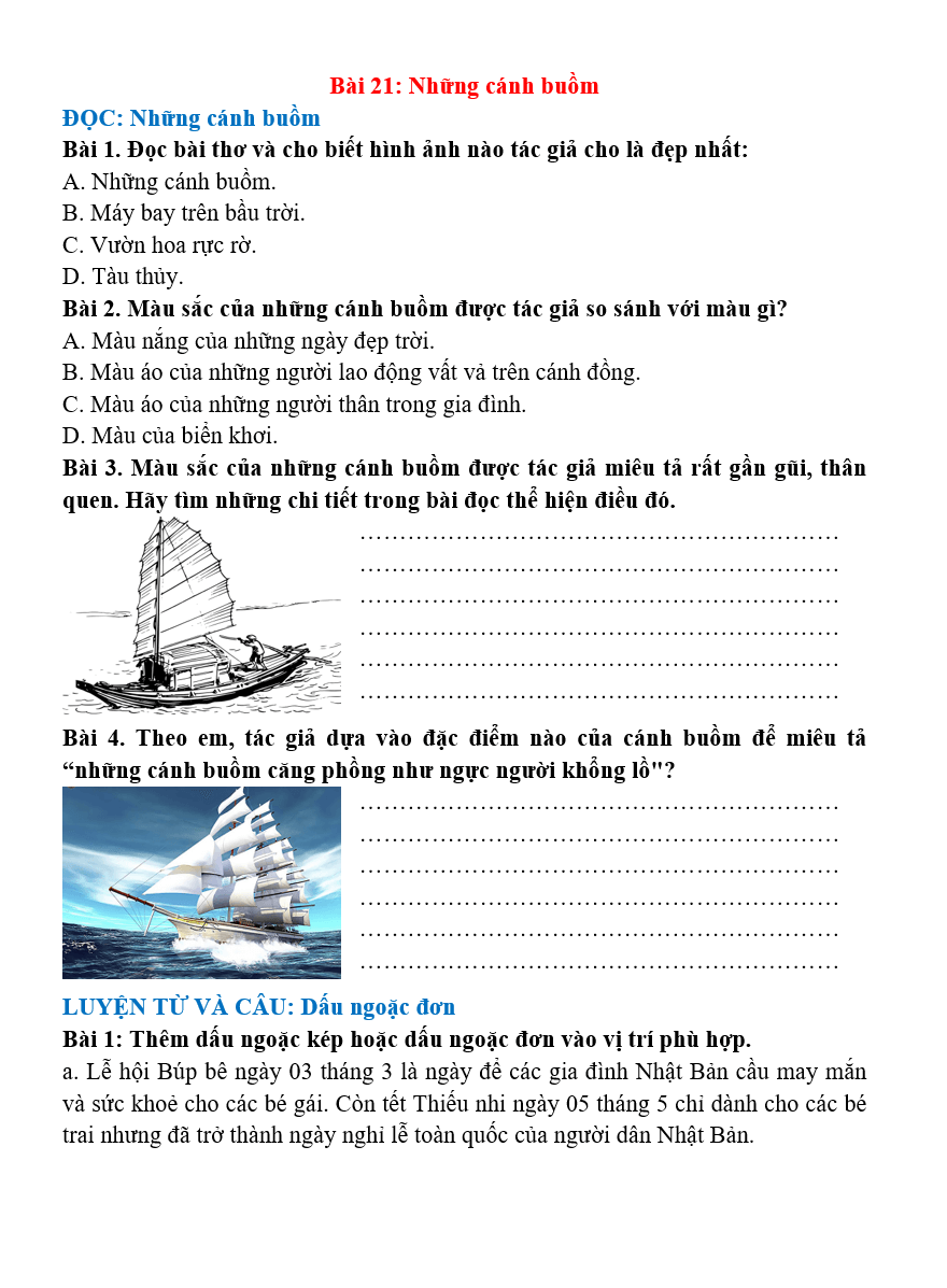 Bài tập hàng ngày Tiếng Việt lớp 4 Bài 21: Những cánh buồm | Kết nối tri thức