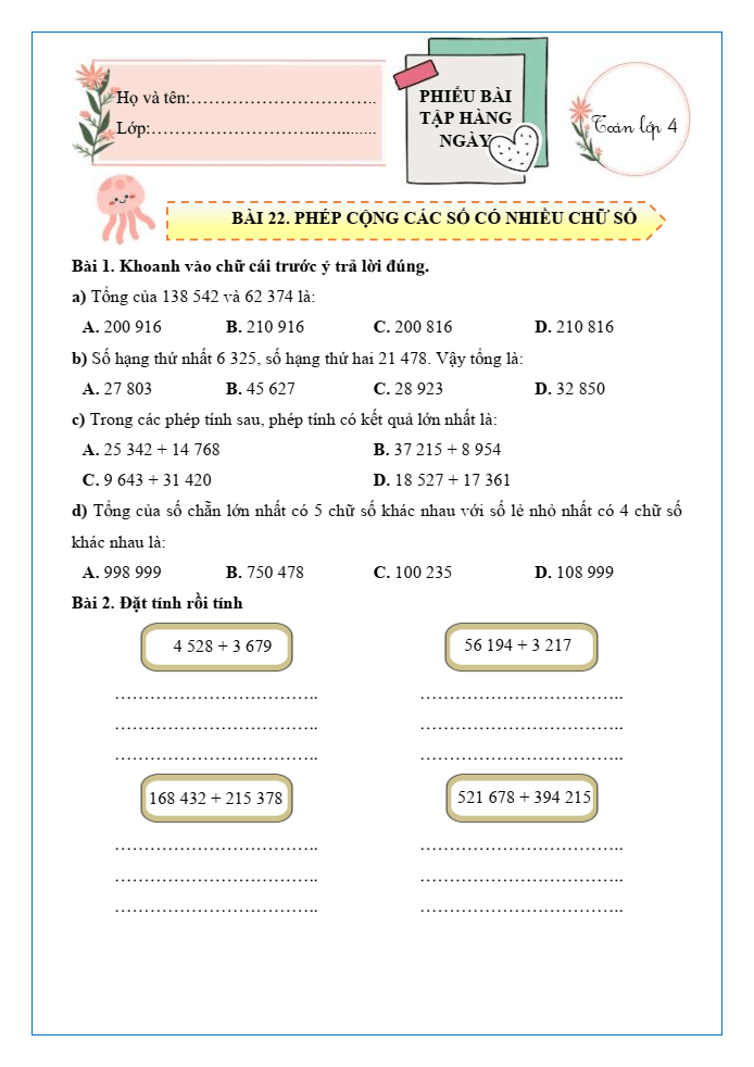 Bài tập hàng ngày Toán lớp 4 Bài 22: Phép cộng các số có nhiều chữ số | Kết nối tri thức