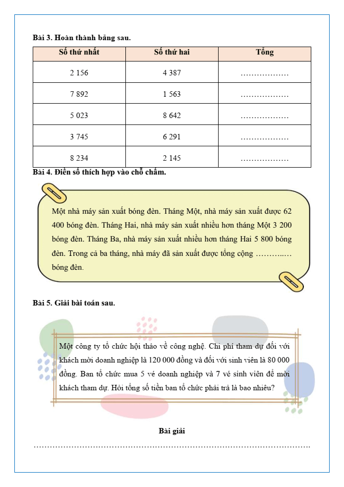 Bài tập hàng ngày Toán lớp 4 Bài 22: Phép cộng các số có nhiều chữ số | Kết nối tri thức
