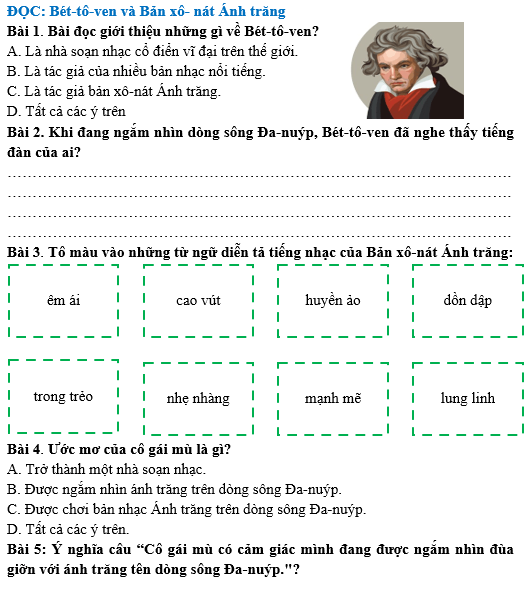 Bài tập hàng ngày Tiếng Việt lớp 4 Bài 23: Bét-tô-ven và Bản xô- nát Ánh trăng | Kết nối tri thức