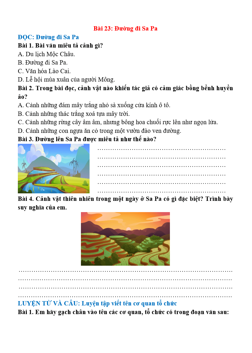 Bài tập hàng ngày Tiếng Việt lớp 4 Bài 23: Đường đi Sa Pa | Kết nối tri thức